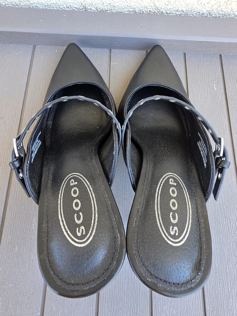 Scoop Black Pointed Toe Grommet Strap Stiletto Mules Heels Size 6.5